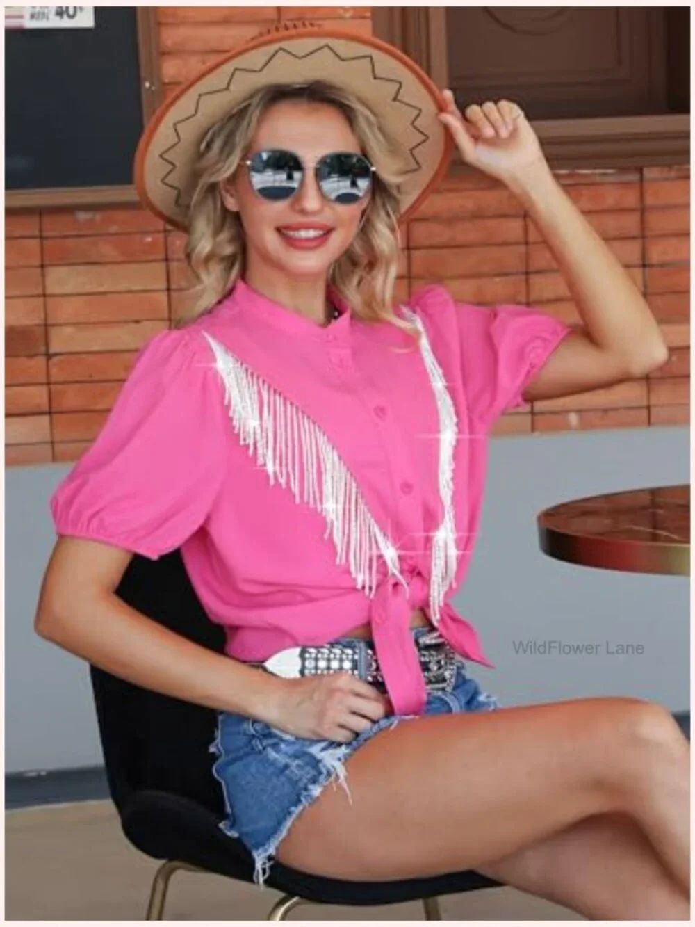 Puff Sleeve Fringe Cowgirl Button Down Shirt - Picture 4 of 6